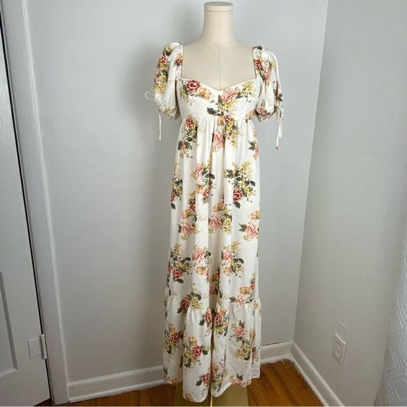 Aura Cream Floral Midi Dress Puff Sleeve Cottage Romantic Milkmaid Regency Sz S - Picture 1 of 10